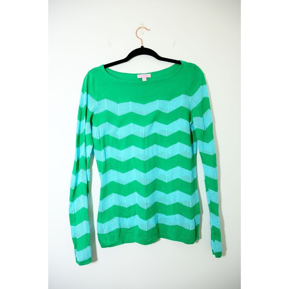 Lilly Pulitzer Sweater M Green Striped lightweight spring Cotton Chevron
